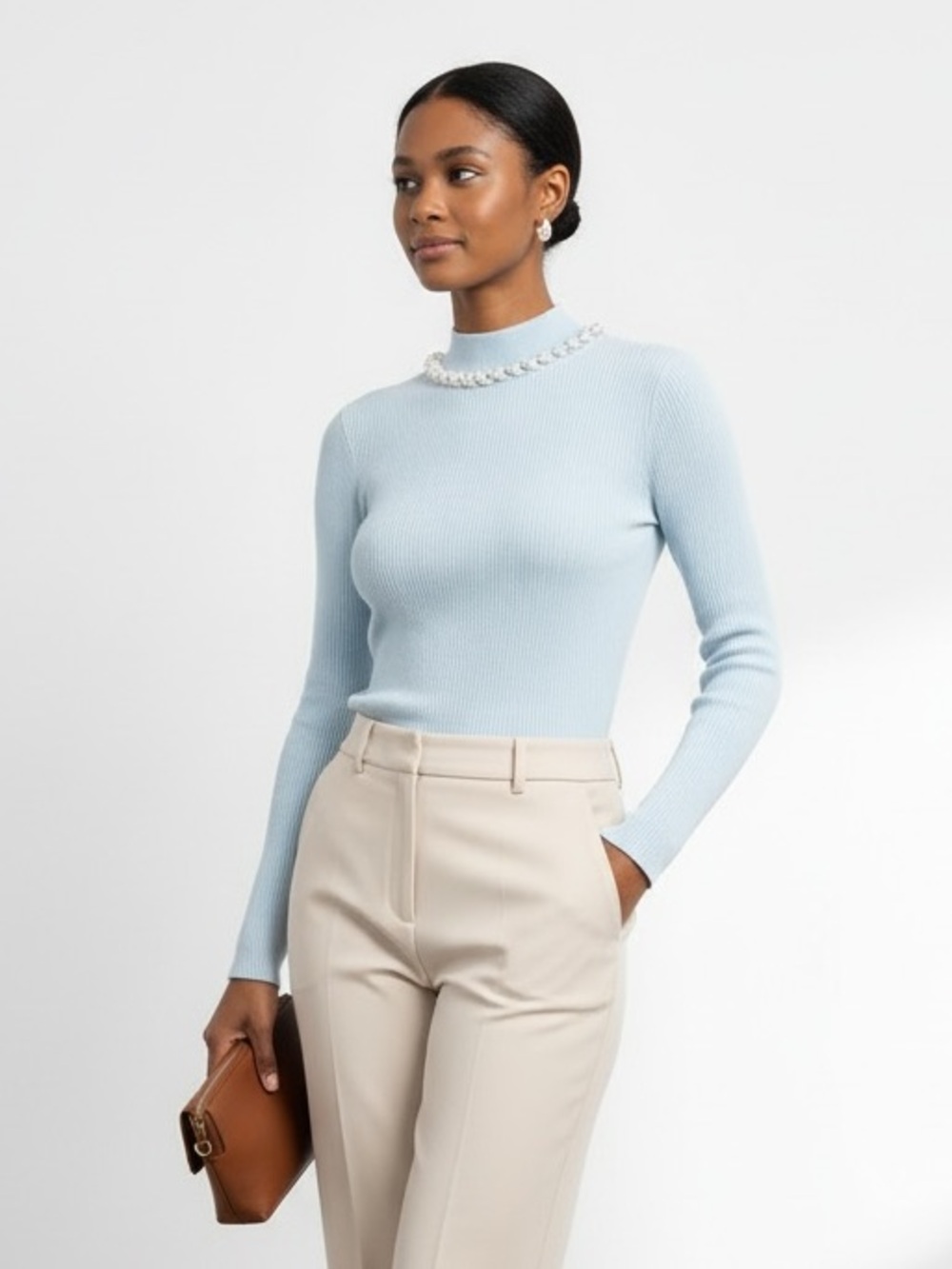 1654 • Blue Viscose Blend Ribbed Long Sleeve Mock Neck w/Pearl Strand Detail - Picture 6 of 10